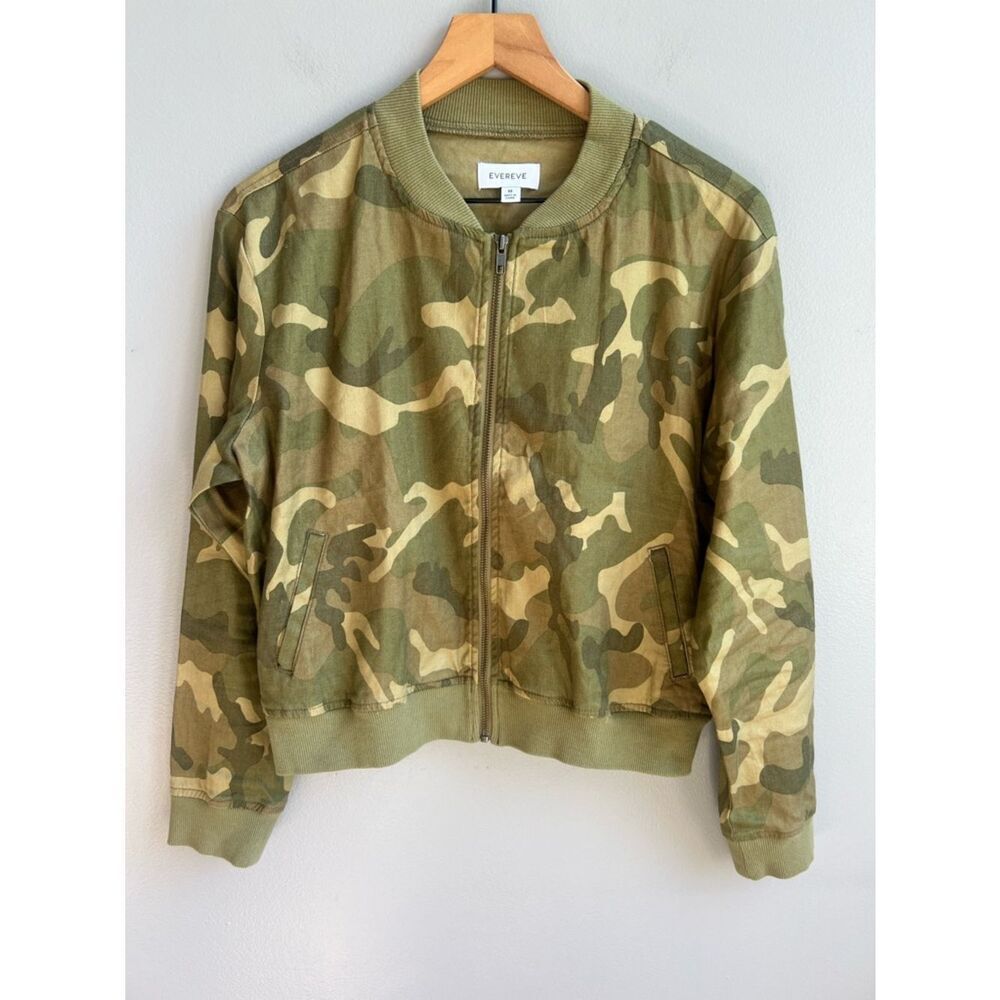 Evereve Rocco Bomber Jacket Green Camo Linen Blend Full Zip Lightweight Medium